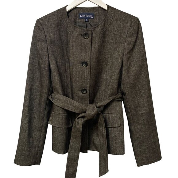 EVAN PICONE Belted Jacket  Size 10 Womens Blazer All Season Black Brown Weave - Picture 1 of 9